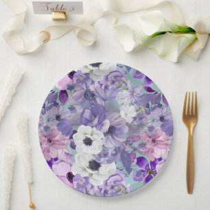 Plato De Papel Elegantes Flores Y Flores Silvestres Púrpura Y Vio