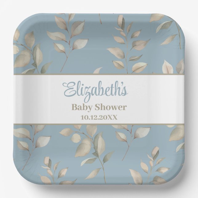 Plato De Papel Elegantes hojas azules y beiges Baby Shower (Anverso)