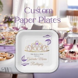 Plato De Papel Elegantes hojas púrpuras oro Tiara Quinceañera