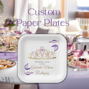 Plato De Papel Elegantes hojas púrpuras oro Tiara Quinceañera