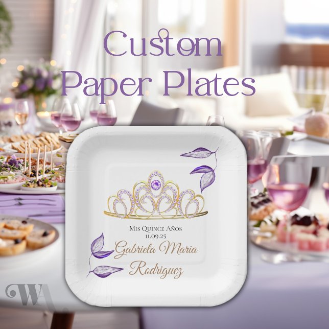 Plato De Papel Elegantes hojas púrpuras oro Tiara Quinceañera (Subido por el creador)