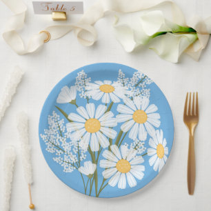 Plato De Papel Elegantes margaritas blancas florales en azul