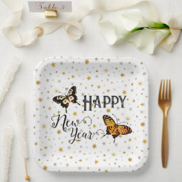 Plato De Papel Elegantes mariposas y estrellas White Feliz Año Nu