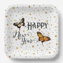 Plato De Papel Elegantes mariposas y estrellas White Feliz Año Nu