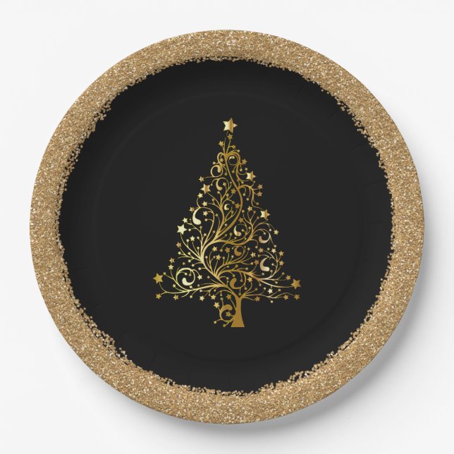 Plato De Papel Elegantes Navidades Año Nuevo Purpurina Oro Negro  (Anverso)