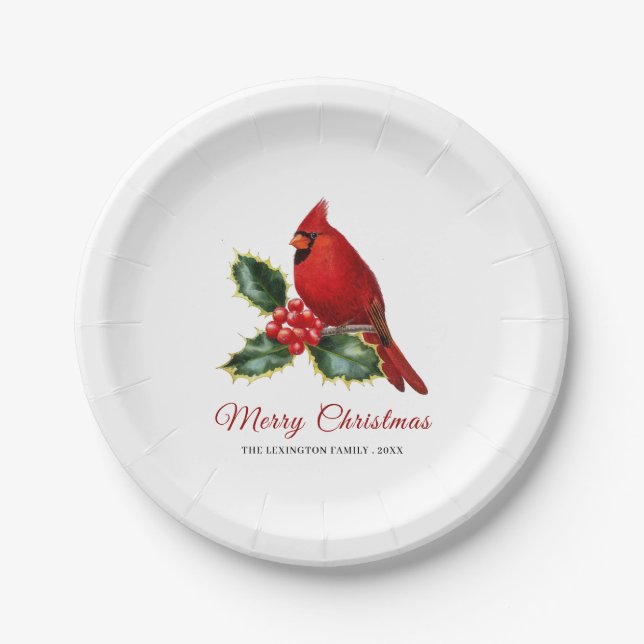 Plato De Papel Elegantes Navidades Cardenal Rojo Bird Holly (Anverso)
