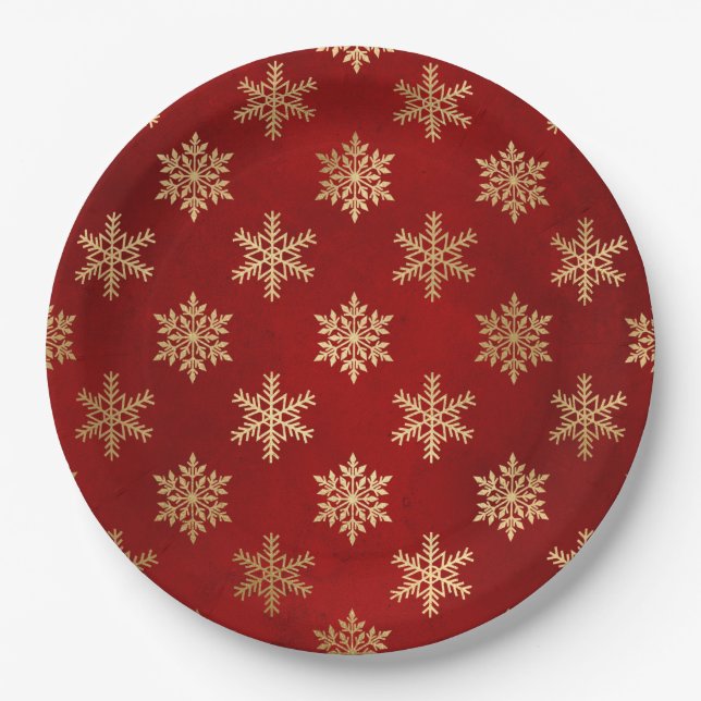 Plato De Papel Elegantes Navidades de copos de nieve de oro rojo (Anverso)