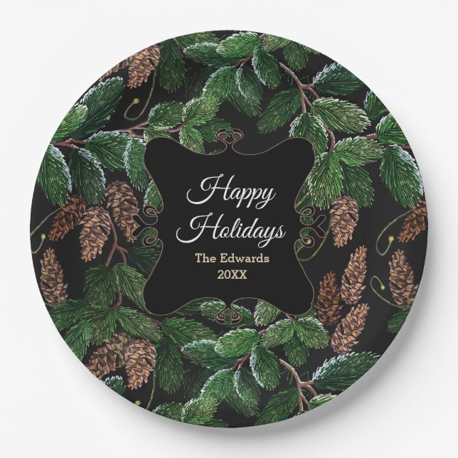 Plato De Papel Elegantes Navidades Evergreen personalizados (Anverso)