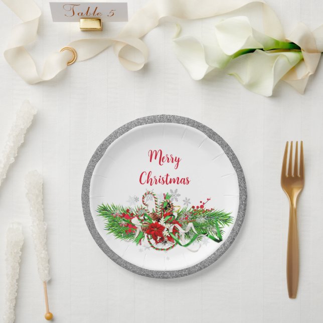 Plato De Papel Elegantes Navidades Fiesta Greenery con Purpurina (Boda)