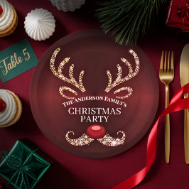Plato De Papel Elegantes Navidades modernos de renos rojos y dora
