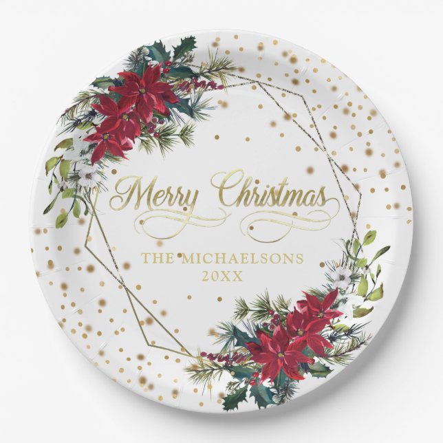 Plato De Papel Elegantes Navidades Poinsettia Gold Confetti (Anverso)