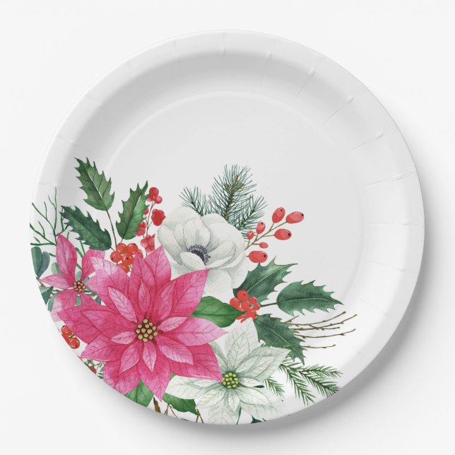 Plato De Papel Elegantes Navidades rosados Poinsettia (Anverso)
