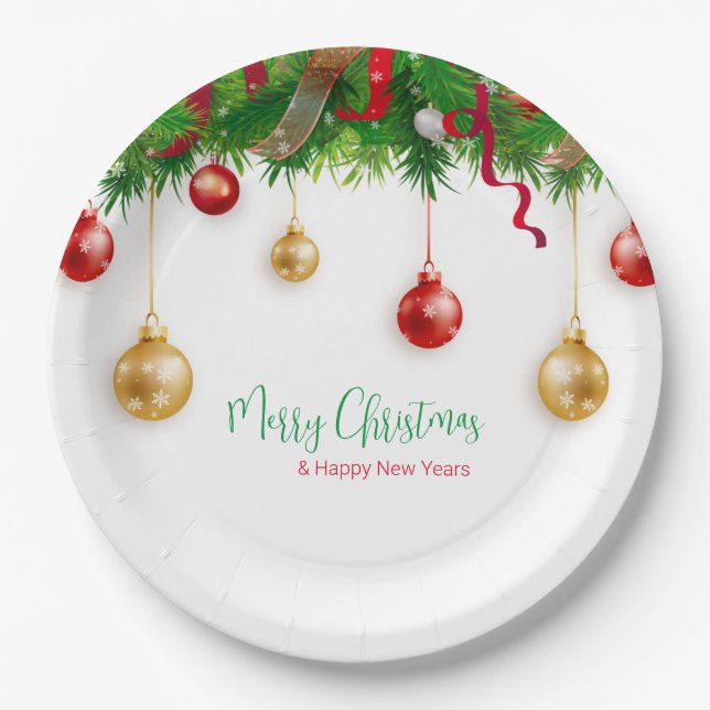 Plato De Papel Elegantes Navidades Wreath Boarder con adornos (Anverso)