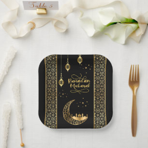 Plato De Papel Elegantes Patrones Islámicos Oro Ramadan Mubarak