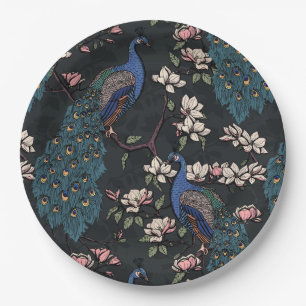 Plato De Papel Elegantes pavos reales y flores de magnolia negro