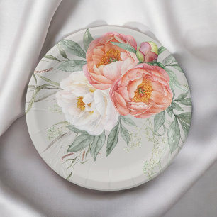 Plato De Papel Elegantes peonías florales en acuarela