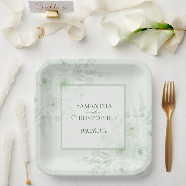 Plato De Papel Elegantes peonías verdes rústicas boda boho elegan (Boda)