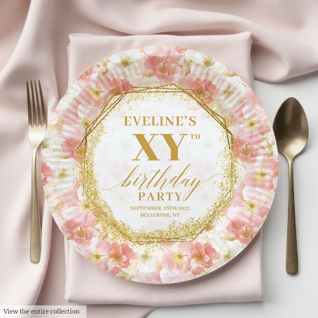 Plato De Papel Elegantes Placas de papel de cumpleaños rosado con (Elegant Floral Dusty Pink Birthday Paper Plates

)