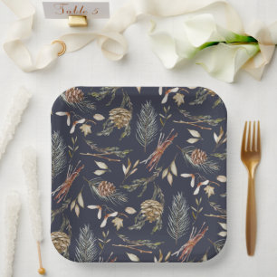 Plato De Papel Elegantes placas de papel de invierno con pinecone