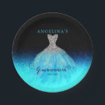 Plato De Papel Elegantes placas de papel de yegua de cola para qu<br><div class="desc">Un diseño de Quinceañera festivo y elegante,  con un brillante y brillante vestido de bata acuática española sobre un brillante fondo acuático a un fondo negro de imitación purpurina. Cuenta con un gran número de purpurinas acuáticos para una noche mágica. Diseño compuesto por Holiday Hearts Designs.</div>