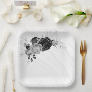 Plato De Papel elegantes placas de papel floral gris plateado y n
