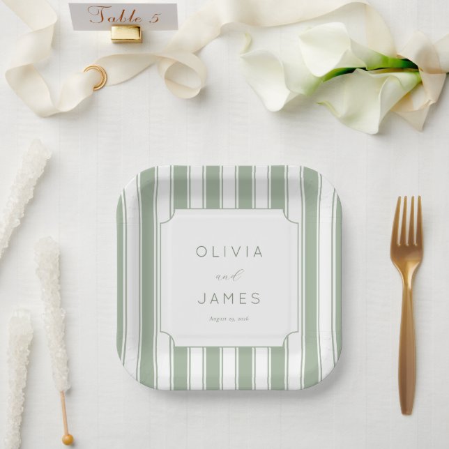 Plato De Papel Elegantes Rayas de Salvia (Boda)