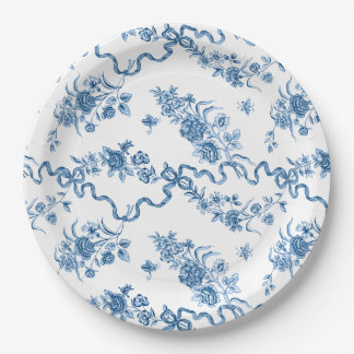 Plato De Papel Elegantes Rosas azules grabados de época y cintas