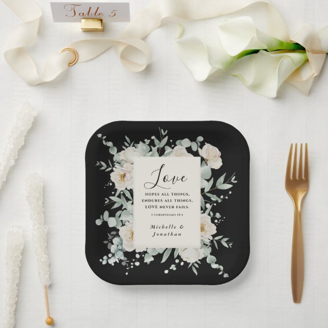 Plato De Papel Elegantes rosas blancas en el verso de la Biblia B (Boda)