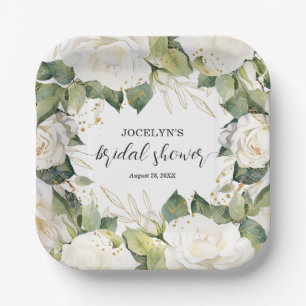Plato De Papel Elegantes Rosas Blancas para Desayuno Nupcial Cuad