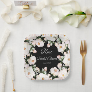 Plato De Papel Elegantes Rosas blancos negros ducha de novia