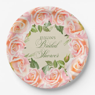 Plato De Papel Elegantes Rosas de acuarela ducha de novia