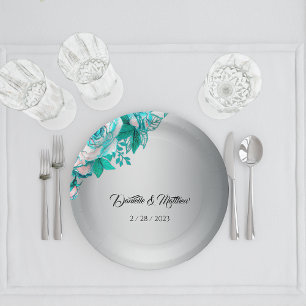 Plato De Papel Elegantes Rosas de Aqua en Boda plateado