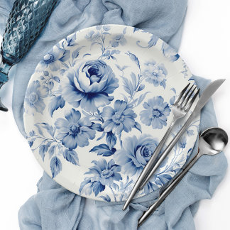 Plato De Papel Elegantes Rosas de color azul pastel