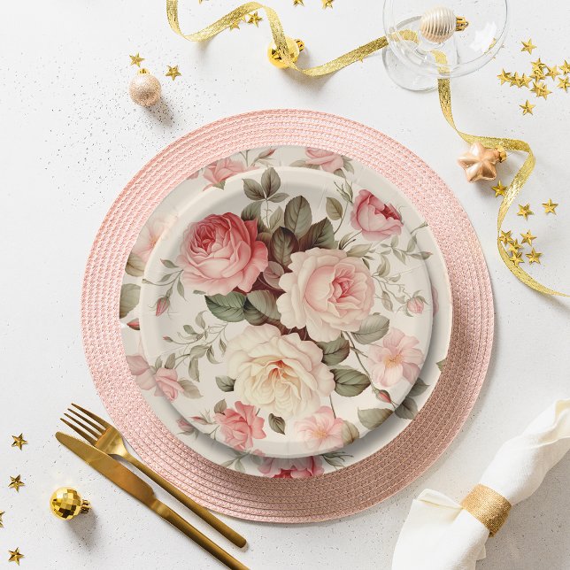Plato De Papel Elegantes Rosas de inglés rosado (Subido por el creador)