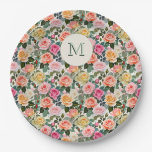 Plato De Papel Elegantes Rosas De Jardín Floral Monogramadas