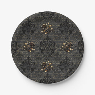 Plato De Papel Elegantes rosas de oro negro damasco gótico