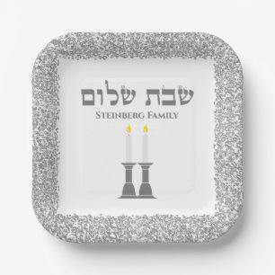 Plato De Papel Elegantes velas plateadas Velas Hebreas Shabbat Sh