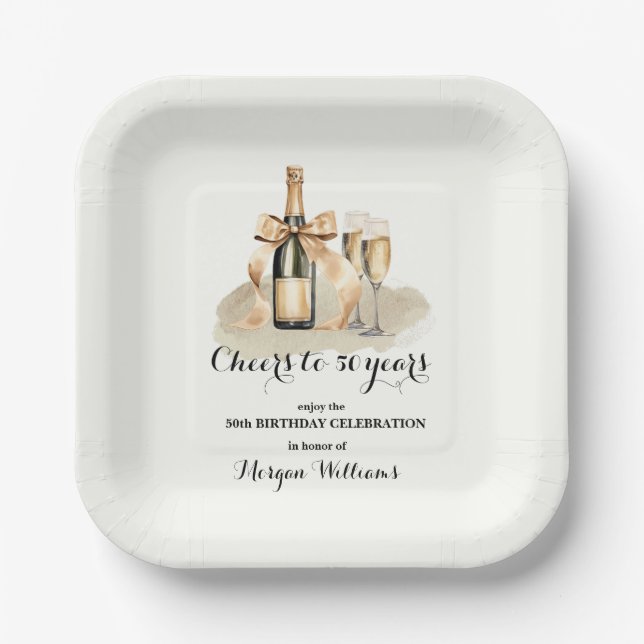 Plato De Papel Elegantes vítores a 50 años Champagne 50 cumpleaño (Anverso)