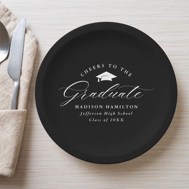 Plato De Papel Elegantes vítores blancos y negros al graduado (Subido por el creador)