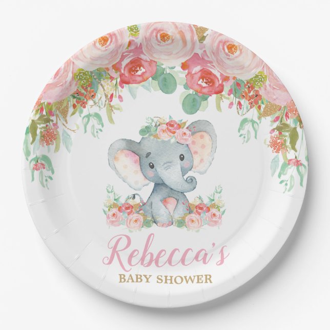 Plato De Papel Elephant Baby Shower Rosa Rubor Flor Baby Girl (Anverso)