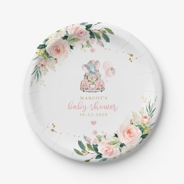 Plato De Papel Elephant Drive De Baby Shower Pink Rose (Anverso)