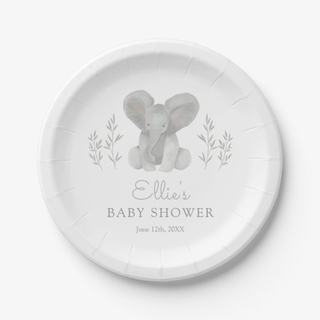 Plato De Papel Elephant Greenery Baby Shower (Anverso)