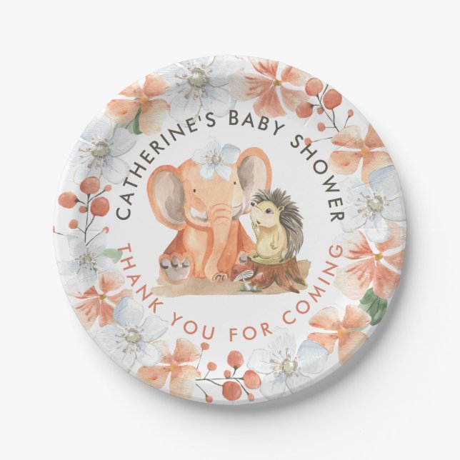 Plato De Papel Elephant Hedgehog Nombre Gracias Chica Baby Shower (Anverso)