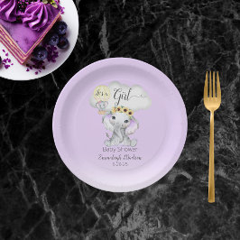 Plato De Papel Elephant Hot Air Balloon Purple Baby Shower