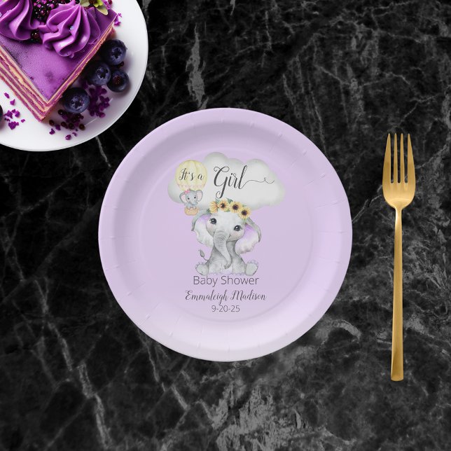 Plato De Papel Elephant Hot Air Balloon Purple Baby Shower (Subido por el creador)