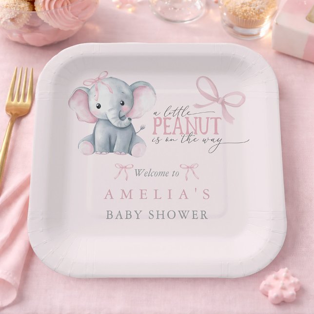 Plato De Papel Elephant 'Little Peanut' Pink Bow Baby Girl Shower (Elephant 'Little Peanut' Pink Bow Baby Girl Shower Paper Plates)