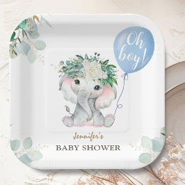 Plato De Papel Elephant Watercolor Blue Balloon Boy Baby Shower