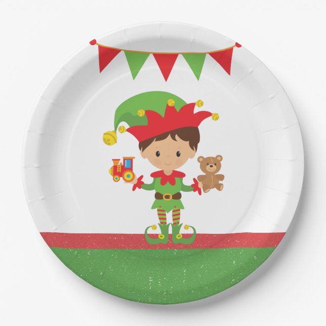 Plato De Papel Elf con regalos y fondo blanco (Anverso)