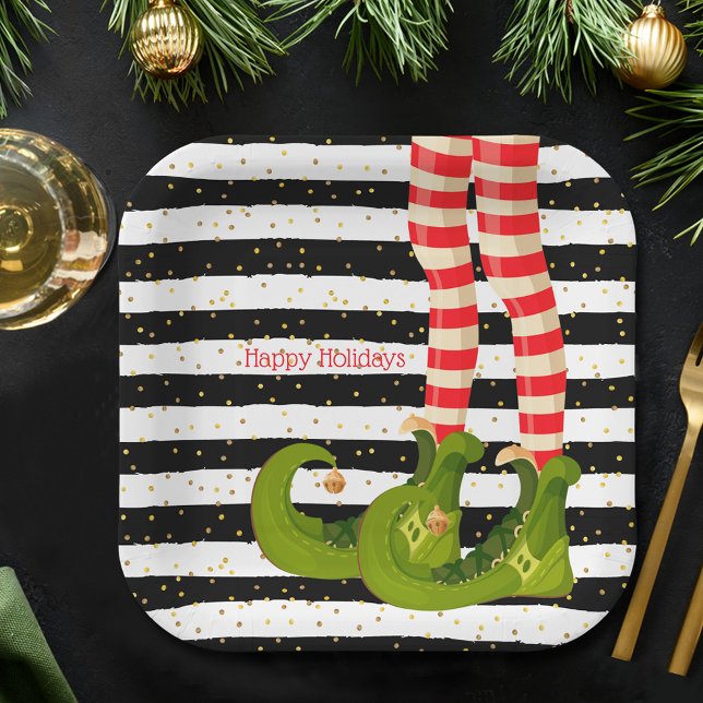 Plato De Papel Elf navidades (Christmas Elf Legs on Stripes Holiday Paper Plates)