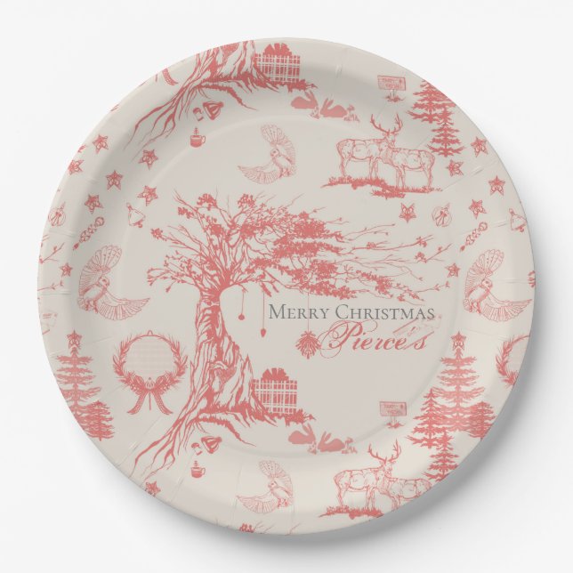Plato De Papel Elk Woods, tela francesa en rojo con personalizaci (Anverso)